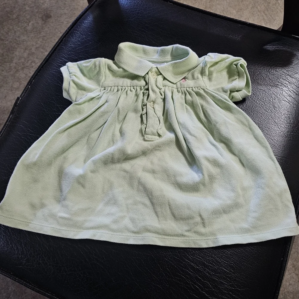 Ralph Lauren Girls Ruffle Trim Cotton Dress Green Pink Pony 6M‎ Quality